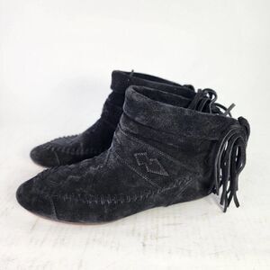 Saint Laurent Women's Nino Suede Fringe Boots US 6 Black Flat Ankle Bootie